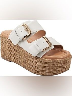 Marc Fisher White Double-Band Raffia Platform Slide with Gold Buckles